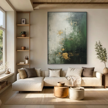 Verdant Haze Canvas — Forest Green & Mist Gold Textured Wall Art – AURA078