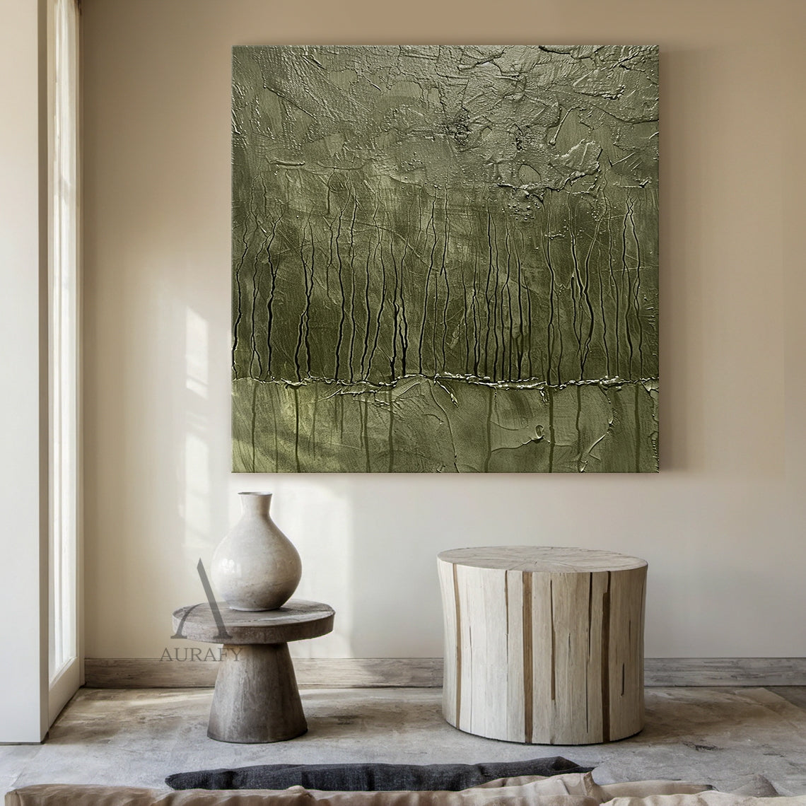 Green Abstract Art Thick Impasto Tactile Surface Vertical Drip Lines Sculpted Wall Art AURA461