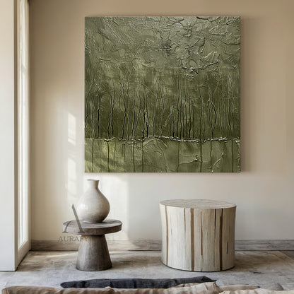 Green Abstract Art Thick Impasto Tactile Surface Vertical Drip Lines Sculpted Wall Art AURA461