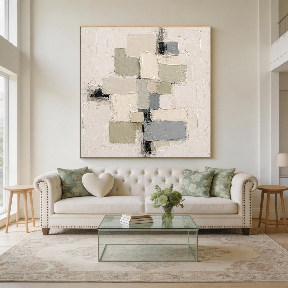 3D Textured Plaster Painting Wabi-Sabi Japandi Geometric Green Beige Knife Stroke Sculpted Canvas Wall Decor AURA753