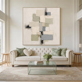 3D Textured Plaster Painting Wabi-Sabi Japandi Geometric Green Beige Knife Stroke Sculpted Canvas Wall Decor AURA753