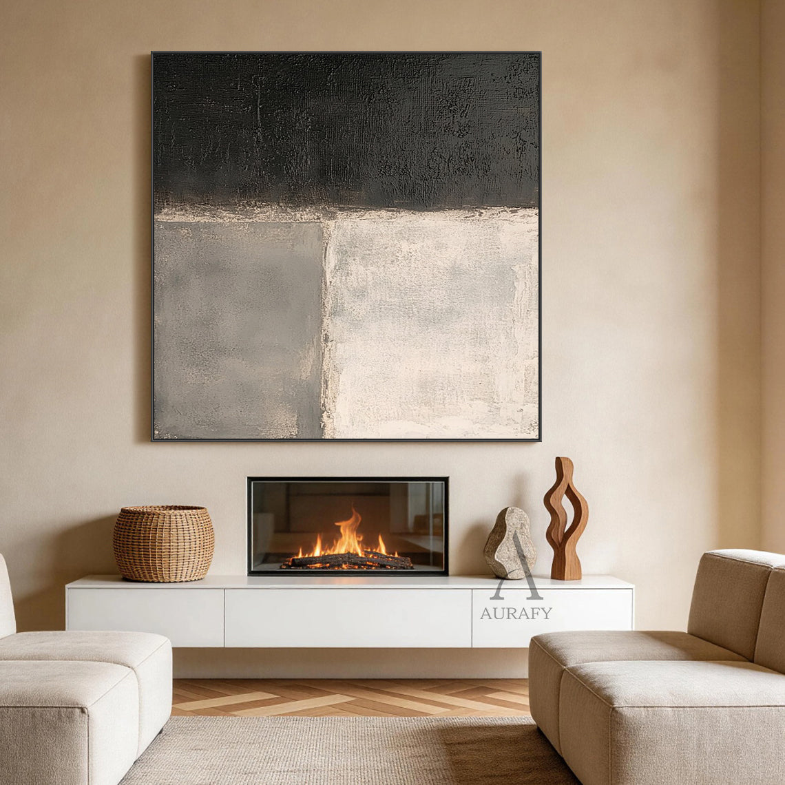General Abstract Black Beige Wall Art for Living Room Decor AURA365
