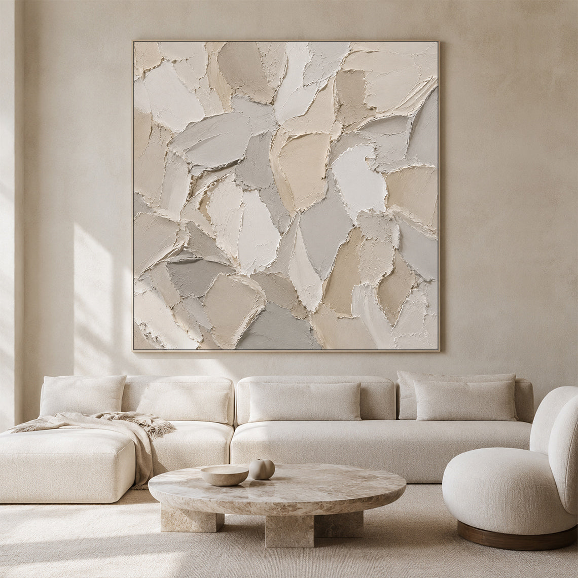 3D Textured Beige Plaster Painting Wabi-Sabi Japandi Knife Stroke Sculpted Canvas Tactile Minimalist Wall Art AURA761