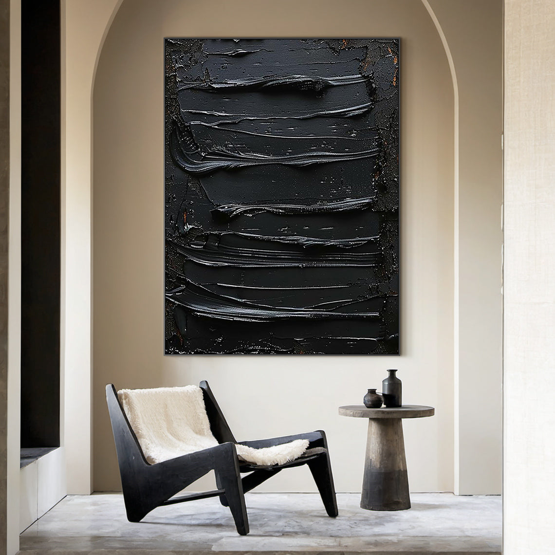 Sculptural Impasto Painting – Matte & Gloss Black Tones – AURA004(Vertical)