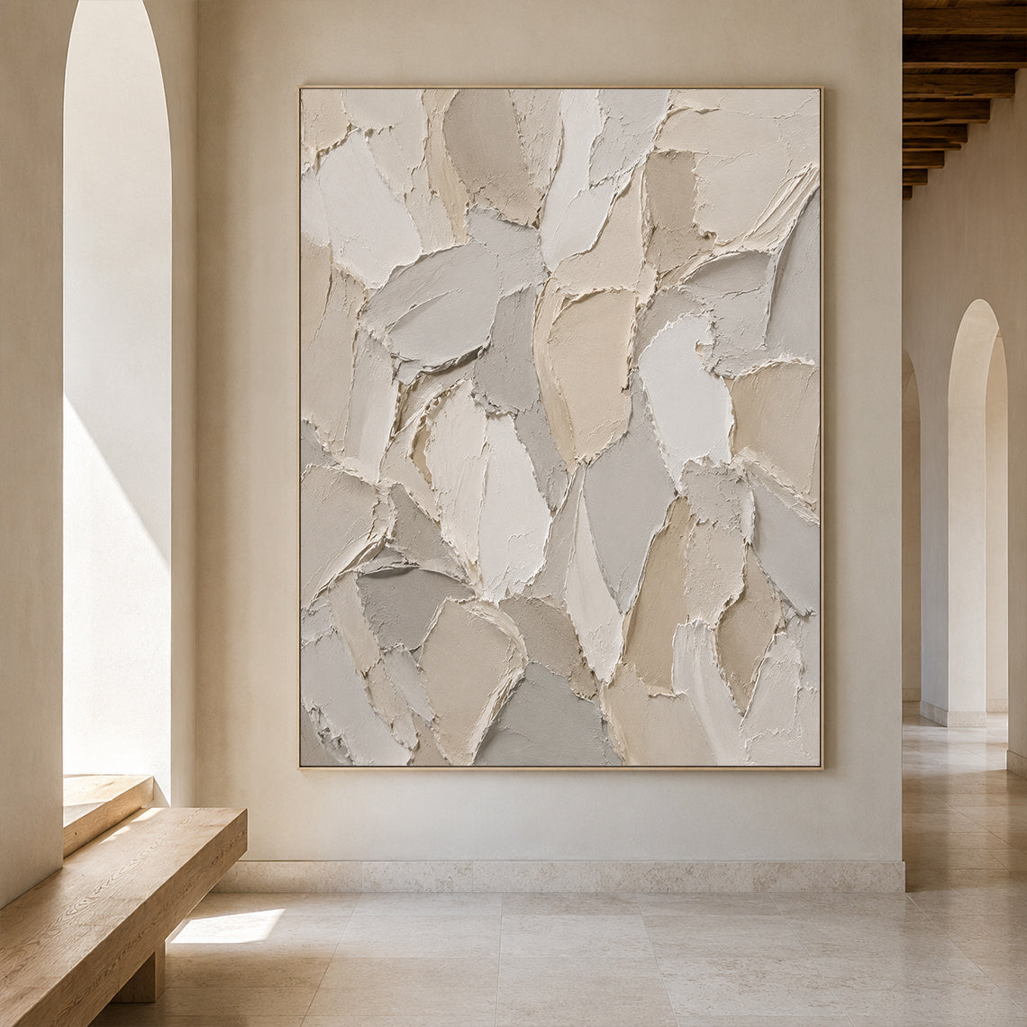 3D Textured Beige Plaster Painting Wabi-Sabi Japandi Knife Stroke Sculpted Canvas Tactile Minimalist Wall Art AURA761