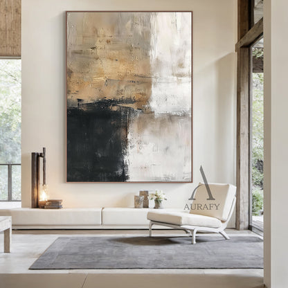 Abstract Neutral Wall Art Impasto Brushstrokes Scraped Tactile White Brown Black Modern Textured Canvas AURA503