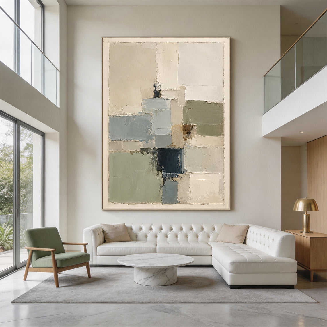 Plaster Textured Abstract Painting Japandi Beige Green Knife Painted Minimalist Luxe Wall Decor AURA752