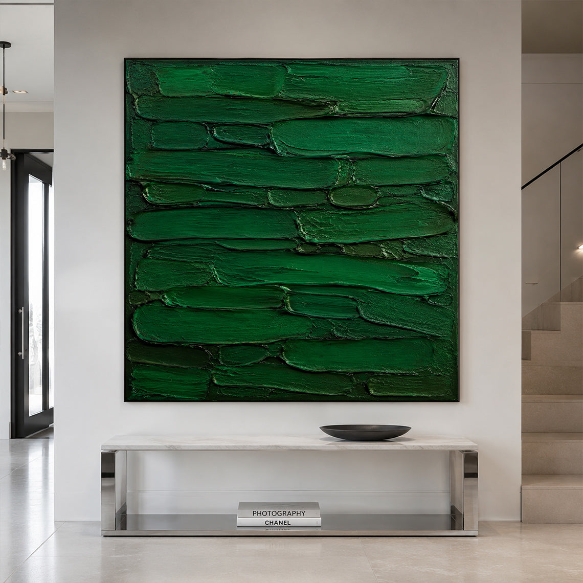 Green 3D Textured Painting Plaster Impasto Knife Stroke Wabi-Sabi Sculpted Canvas Minimalist Luxe Wall Art AURA762