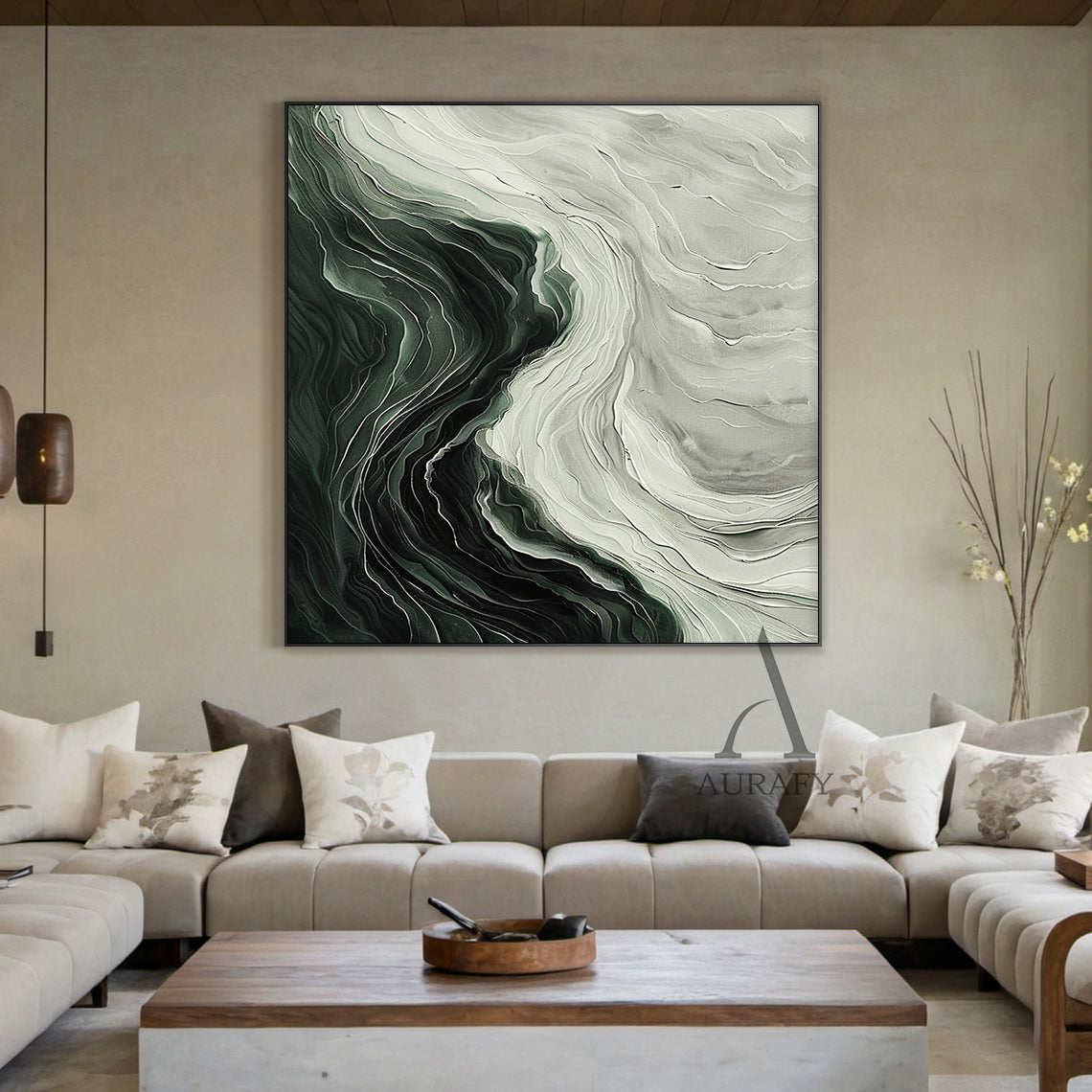 Green Abstract Art Thick Impasto Knife Strokes Flowing Wave Layers Modern Organic AURA502
