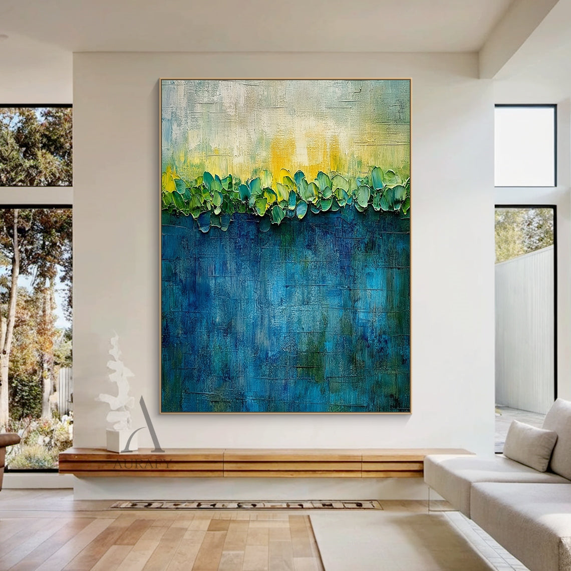 3D Textured Blue Green Impasto Art Sculpted Plant Forms Tactile Canvas Knife Strokes AURA436