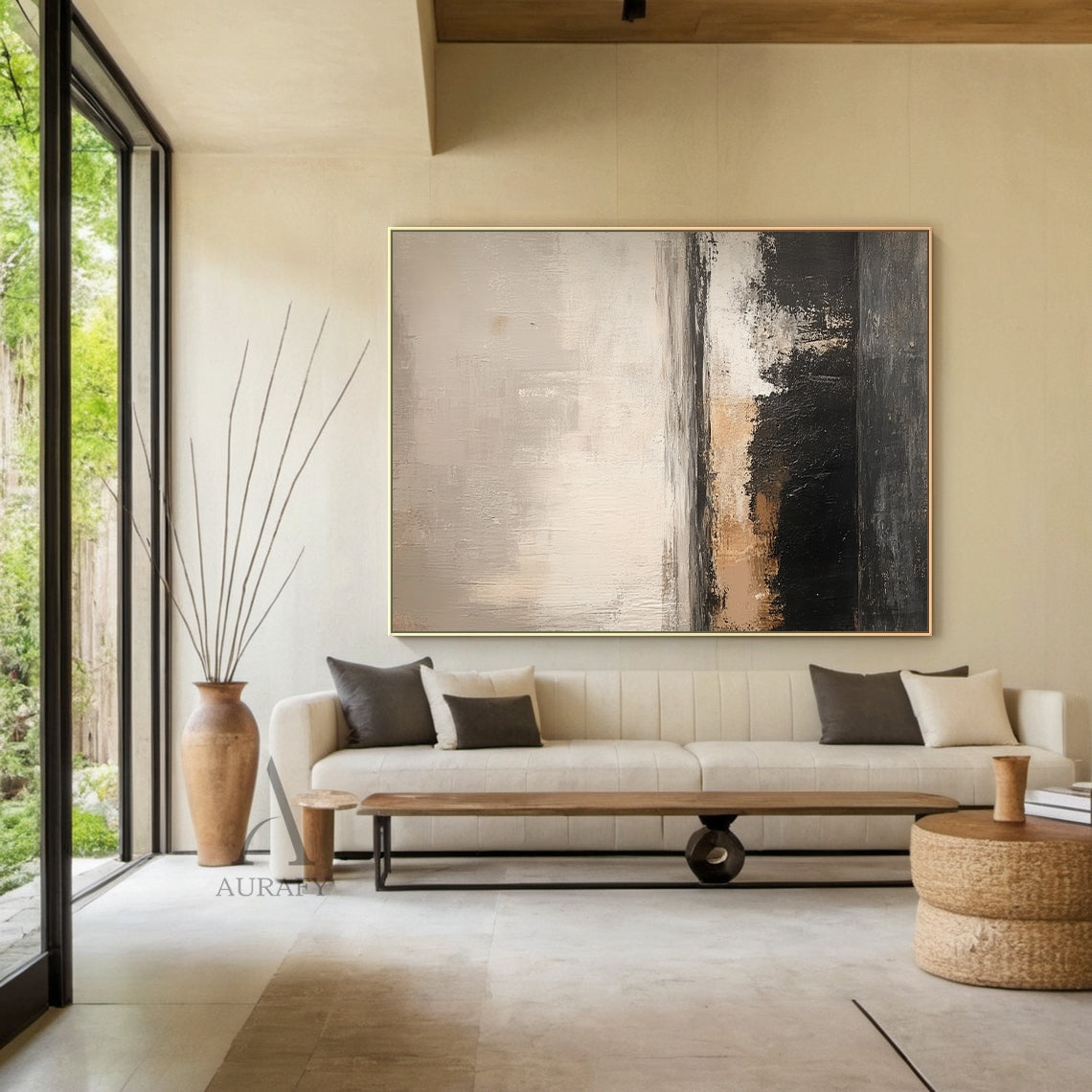 Beige and Black Abstract Painting with a Broken Ochre Accent - AURA852
