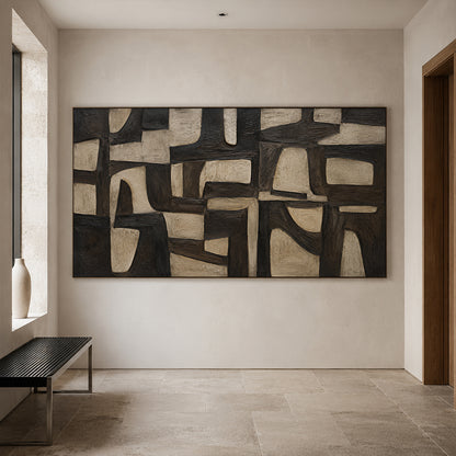 Plaster Textured Abstract Wall Art Black Brown Wabi-Sabi Japandi Minimalist Geometric Tactile Handcrafted Canvas Decor AURA769