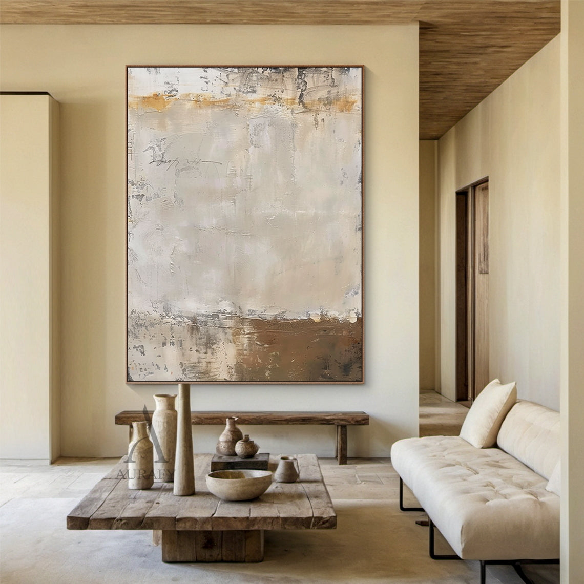 Pale Beige Abstract Painting with Weathered Ochre Traces - AURA844