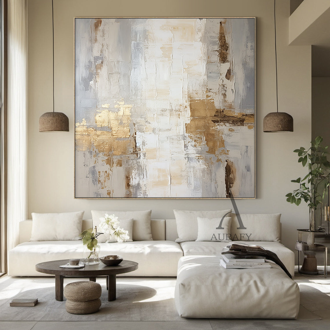 General Abstract Art White Beige Metallic Gold Impasto Texture Tactile Surface Modern Organic Canvas AURA485
