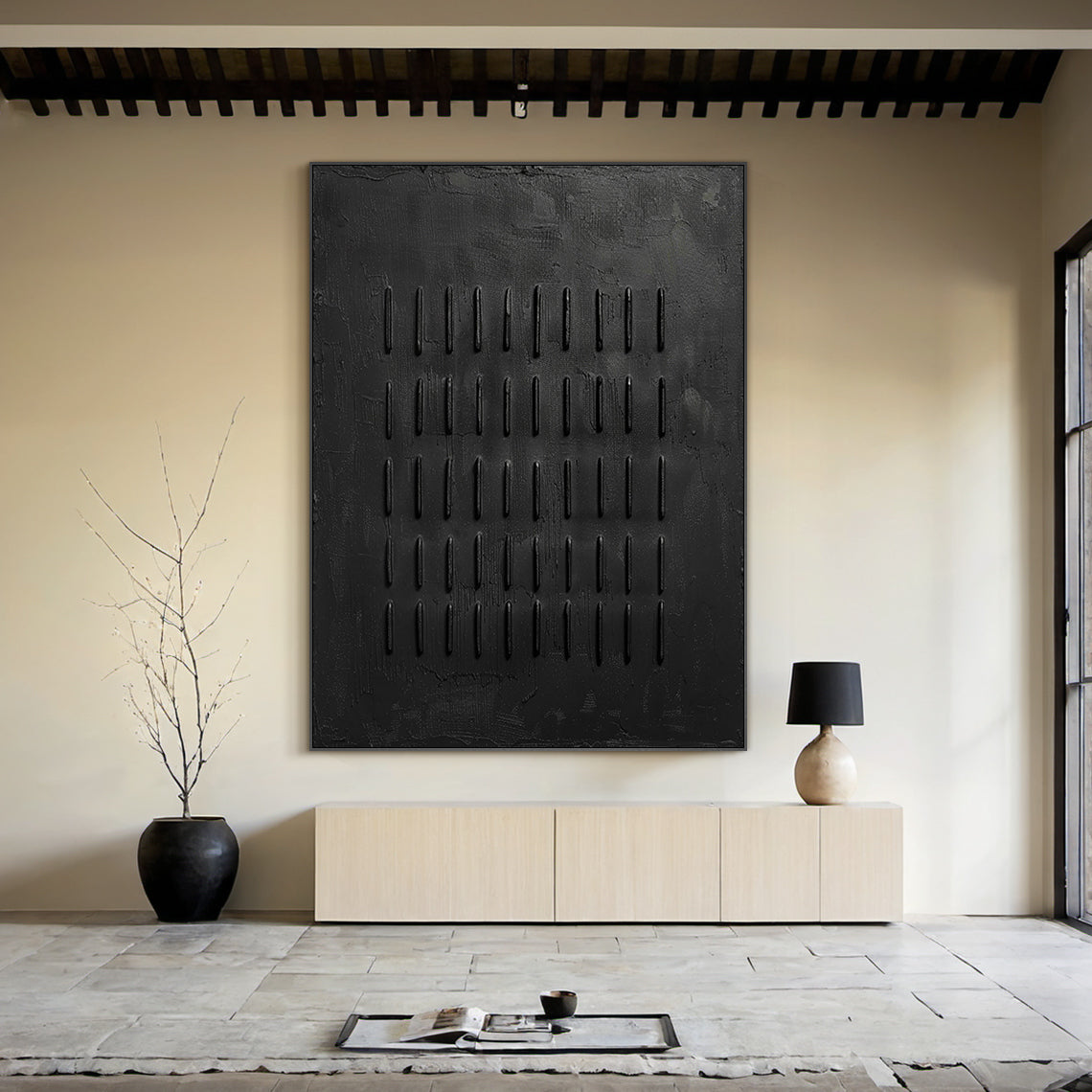 Monochrome Linear Texture Canvas-Deep Matte Black-AURA003