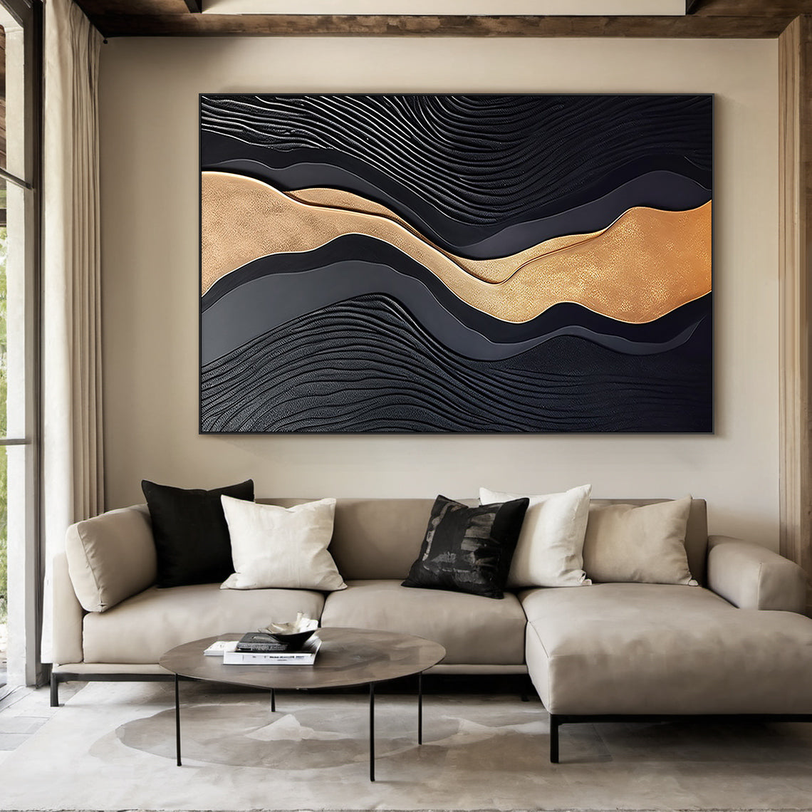 Metallic Topography Painting – Onyx & Gold Accents – AURA033(Square)