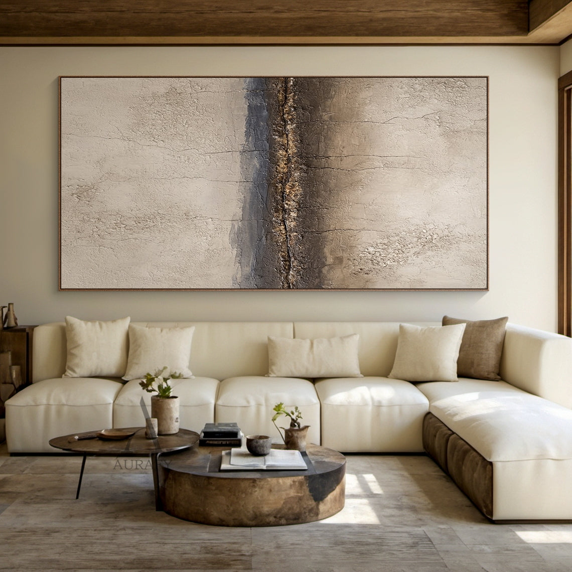 Wabi Sabi Beige Brown Crackled Plaster Artwork Tactile Weathered Mottled Rustic Finish AURA434