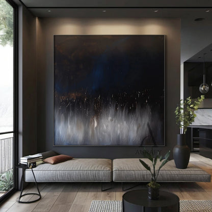 Abstract Black Blue Artwork Abstract Expressionist with flowing vertical texture, star-like light accents AURA504