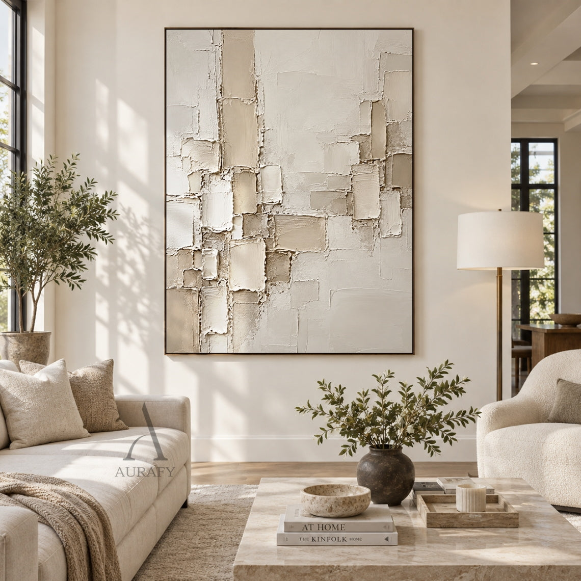 Raised Grid, Beige Geometric Impasto Wall Art AURA863