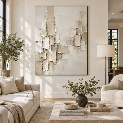 Raised Grid, Beige Geometric Impasto Wall Art AURA863