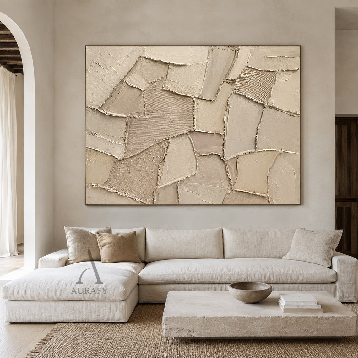Earthen Patchwork, Beige Brown Geometric Relief Painting AURA858