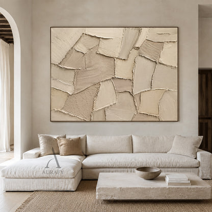 Earthen Patchwork, Beige Brown Geometric Relief Painting AURA858