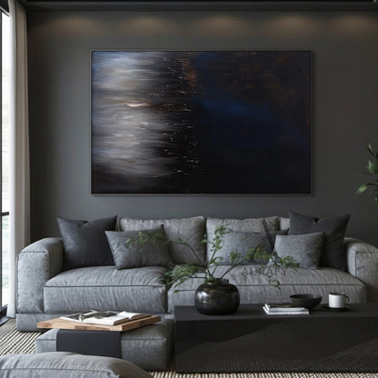 Abstract Black Blue Artwork Abstract Expressionist with flowing vertical texture, star-like light accents AURA504