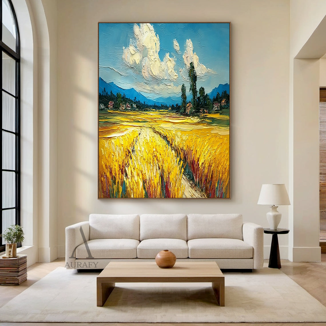 Impasto Textured Yellow Blue Wheat Field Landscape Hand Painted Oil Painting Wall Art Canvas Decor AURA745