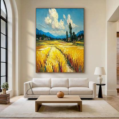 Impasto Textured Yellow Blue Wheat Field Landscape Hand Painted Oil Painting Wall Art Canvas Decor AURA745