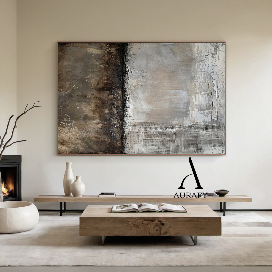 Wabi Sabi Abstract Art Gray Brown Tactile Plaster Textured Grid Indentations Knife Strokes AURA564