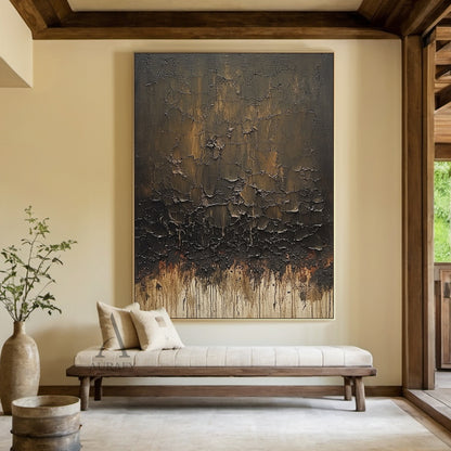 Brown Abstract Painting with Cracked Layers and Trailing Marks - AURA848