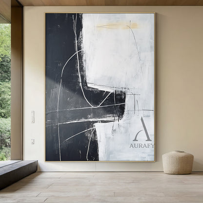 Black White Abstract Art with Rough Brushstrokes Geometric Blocks Organic Lines Tactile Surface AURA492