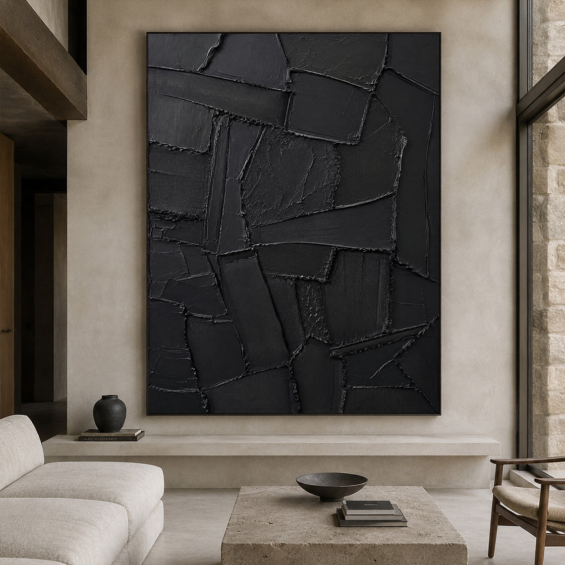Black 3D Textured Abstract Painting High-Relief Plaster Knife Stroke Minimalist Japandi Wabi Sabi Wall Decor AURA770