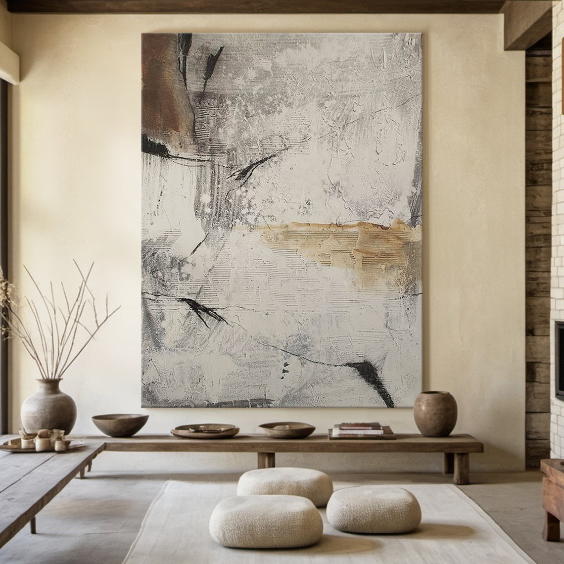Ash Fragment Abstract Art – Textured Neutral Brushwork Canvas – AURA032