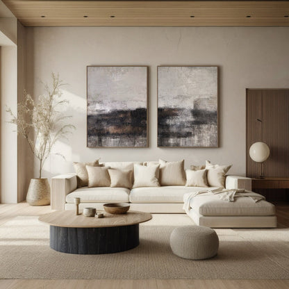 Wabi Sabi Abstract Canvas Wall Art Set of Two Beige Black Living Room Decor AURA207