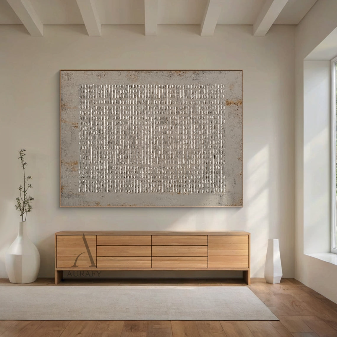 Abstract Gray Textural High-Relief Plaster Art with Irregular Grid Rust Accents Tactile Surface Minimalist Industrial AURA629
