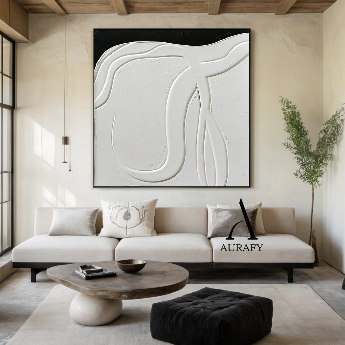 3D Textured Abstract Painting Black White High-Relief Tactile Modern Organic Luxe Artwork AURA513