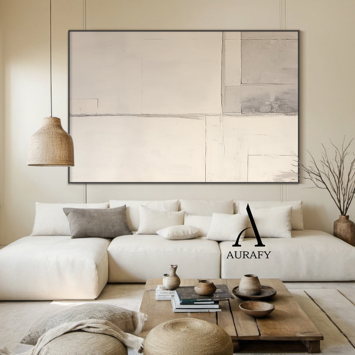 Minimalist Wall Art Beige Plaster Textured Japandi Style Tactile Surface Geometric Block Artwork AURA550