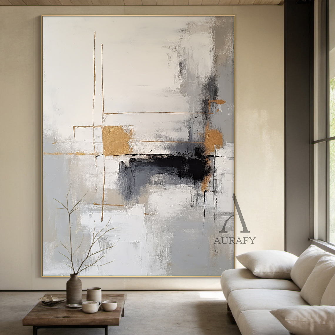Modern Abstract Gray White Tactile Brushstroke Gold Accent Minimalist Luxe Wall Art AURA493