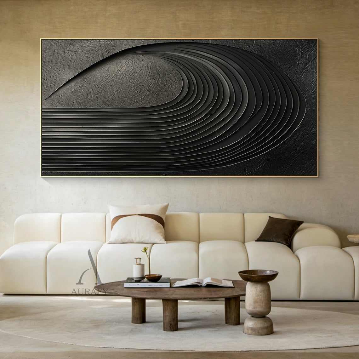 Minimalist Black Wall Art High-Relief Layered Curves Tactile Surface Modern Minimalist Piece AURA428