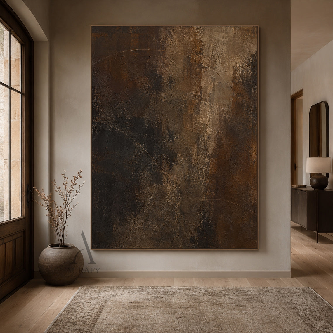 Arc Trace, Dark Brown Weathered Plaster Abstract Painting AURA871