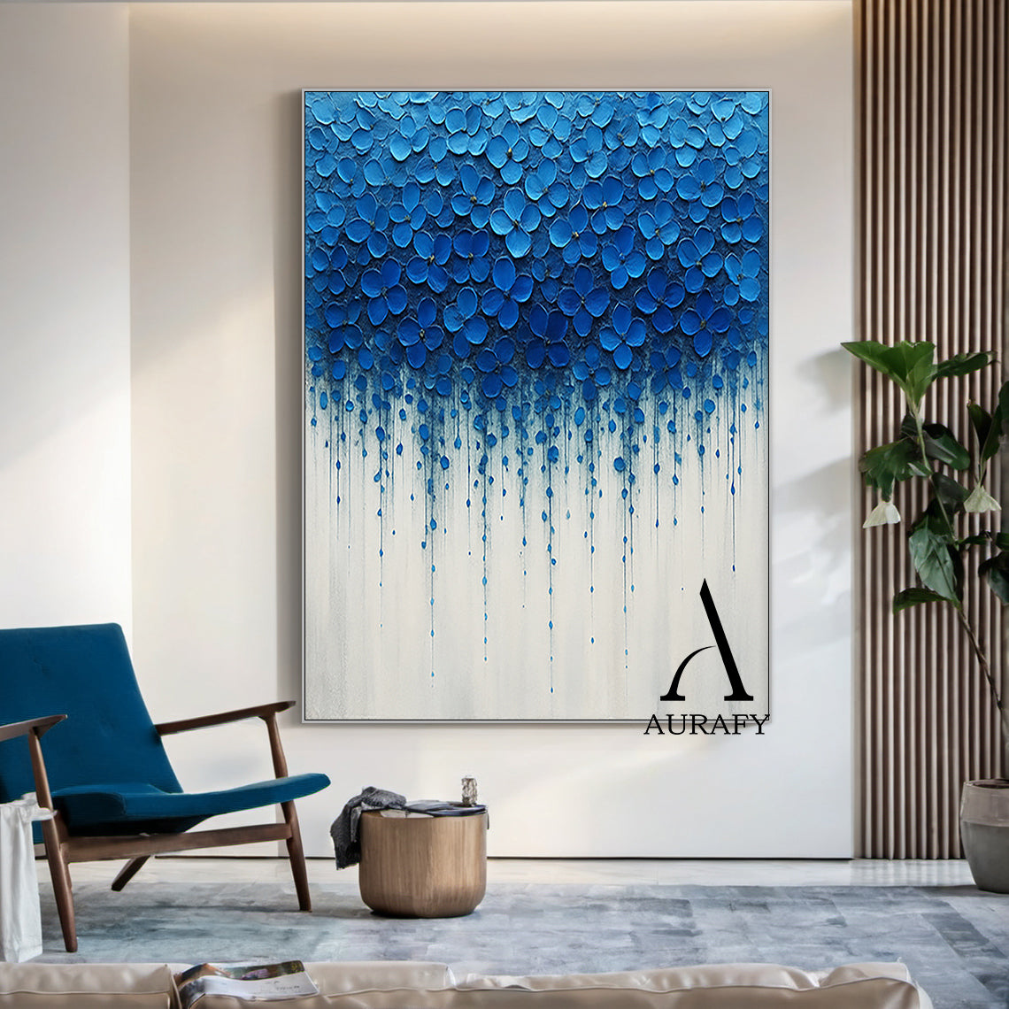 3D Textured Impasto Painting Tactile High-Relief Blue Flower Motifs Drip Effect White Background AURA517