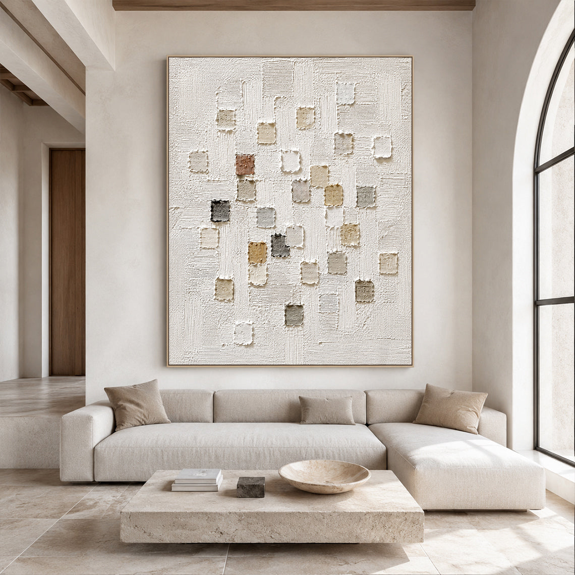 3D Textured White Plaster Japandi Wabi-Sabi Tactile Sculpted Canvas Knife Stroke Neutral Minimalist Wall Art AURA767