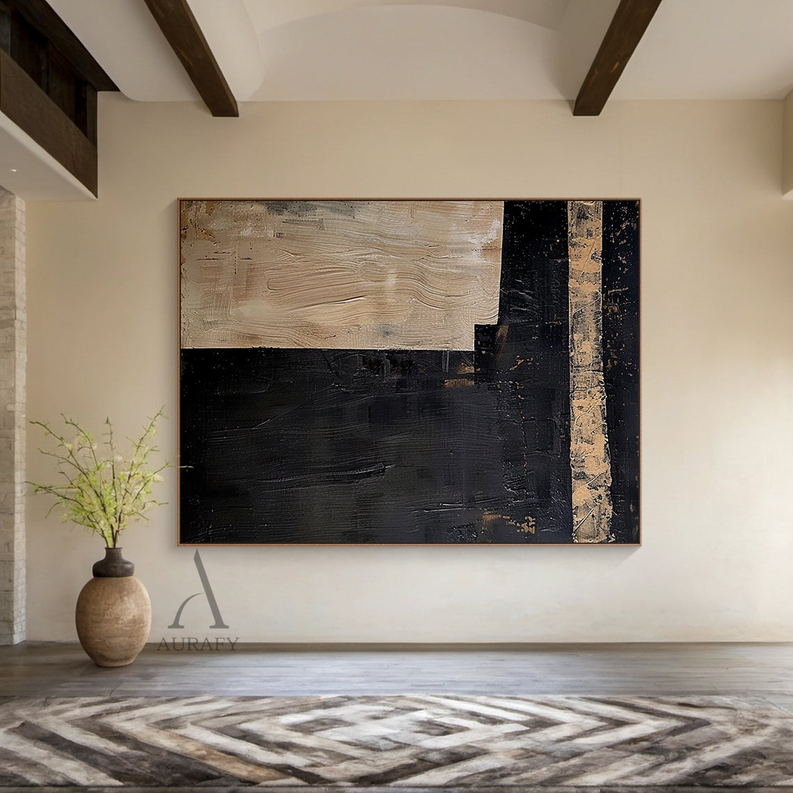 Black Abstract Wall Art with a Striated Beige Panel and Band - AURA843