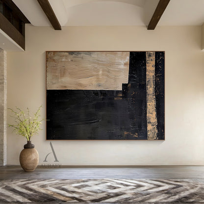 Black Abstract Wall Art with a Striated Beige Panel and Band - AURA843