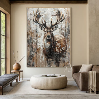 Large Textured Brown Stag Animal Oil Painting Wabi-sabi Wall Art-AURA338