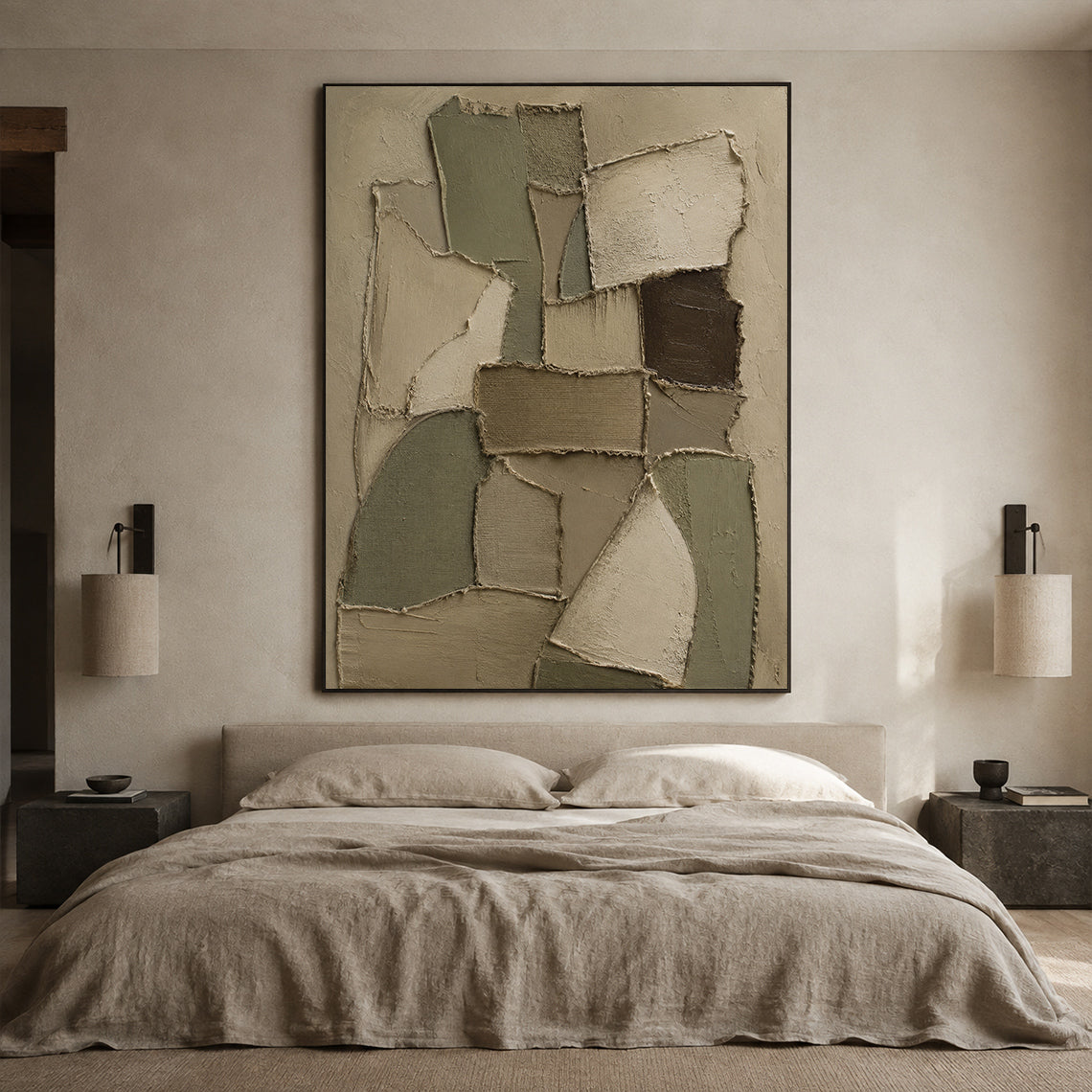 Wabi-Sabi 3D Textured Brown Plaster Painting Japandi Neutral Geometric Collage Knife Sculpted Canvas Wall Art AURA772