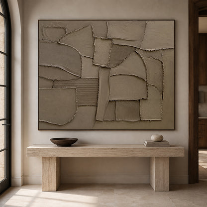 Brown 3D Textured Plaster Wall Art Japandi Wabi Sabi Geometric Sculpted Canvas High Relief Artwork AURA773