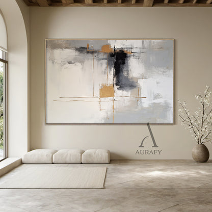 Modern Abstract Gray White Tactile Brushstroke Gold Accent Minimalist Luxe Wall Art AURA493