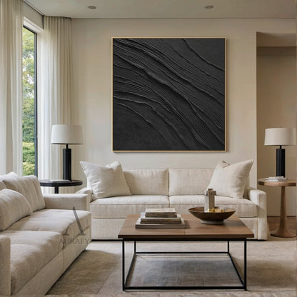 Minimalist Black Wall Art Sculpted Wave-Layered Tactile High-Relief Modern Organic Decor Piece AURA449